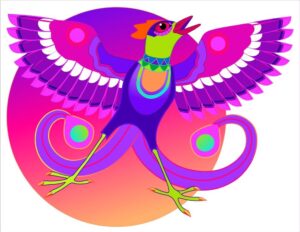 Illustration of a fantasy bird standing with wings outspread in bright colors of red, blue and purple for an Etsy print